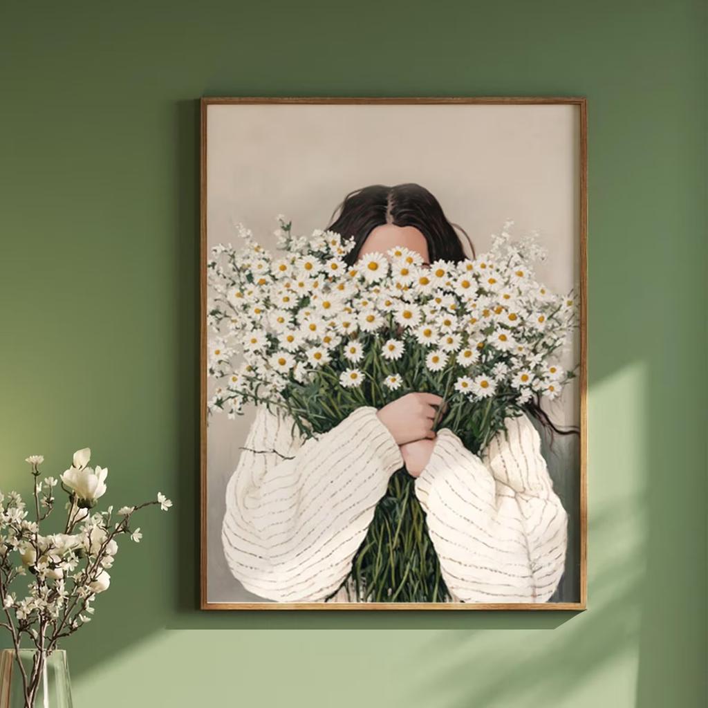 Stampa su Tela con Figure Astratte Verdi e Donna Fiore Ritratto Femminile Minimalista Japandi Poster Artistico per Decorazione Soggiorno Moderno