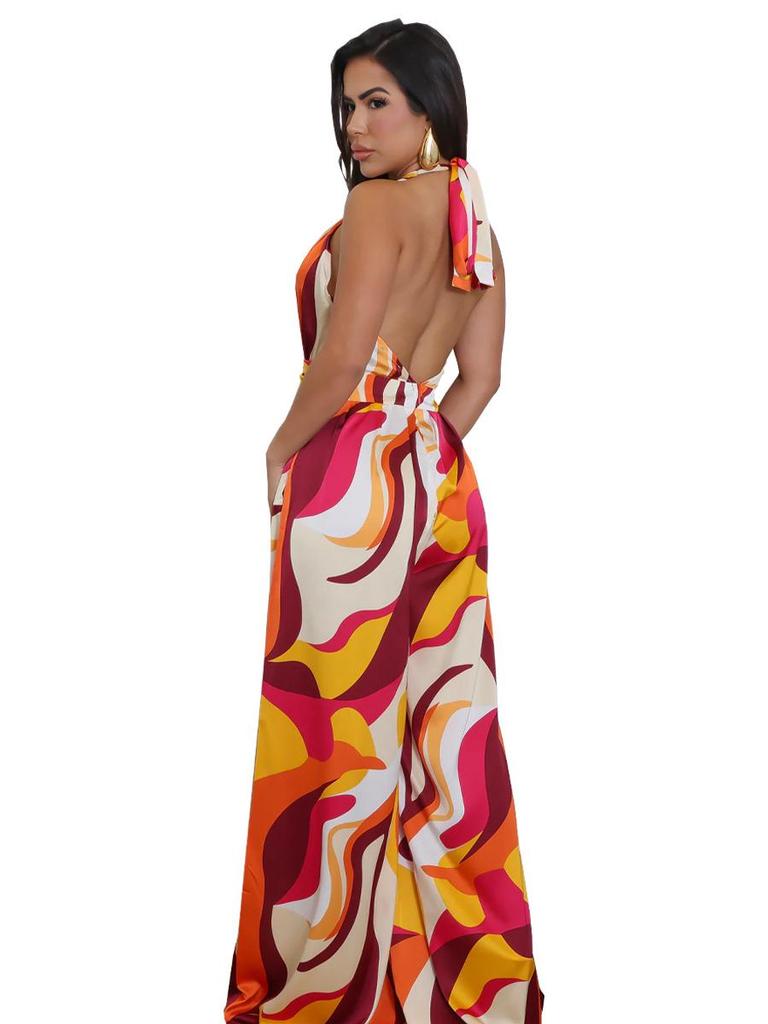 Bedruckter lässiger ärmelloser rückenfreier Jumpsuit mit Trägern und tiefem V-Ausschnitt, weitem Bein für Damen