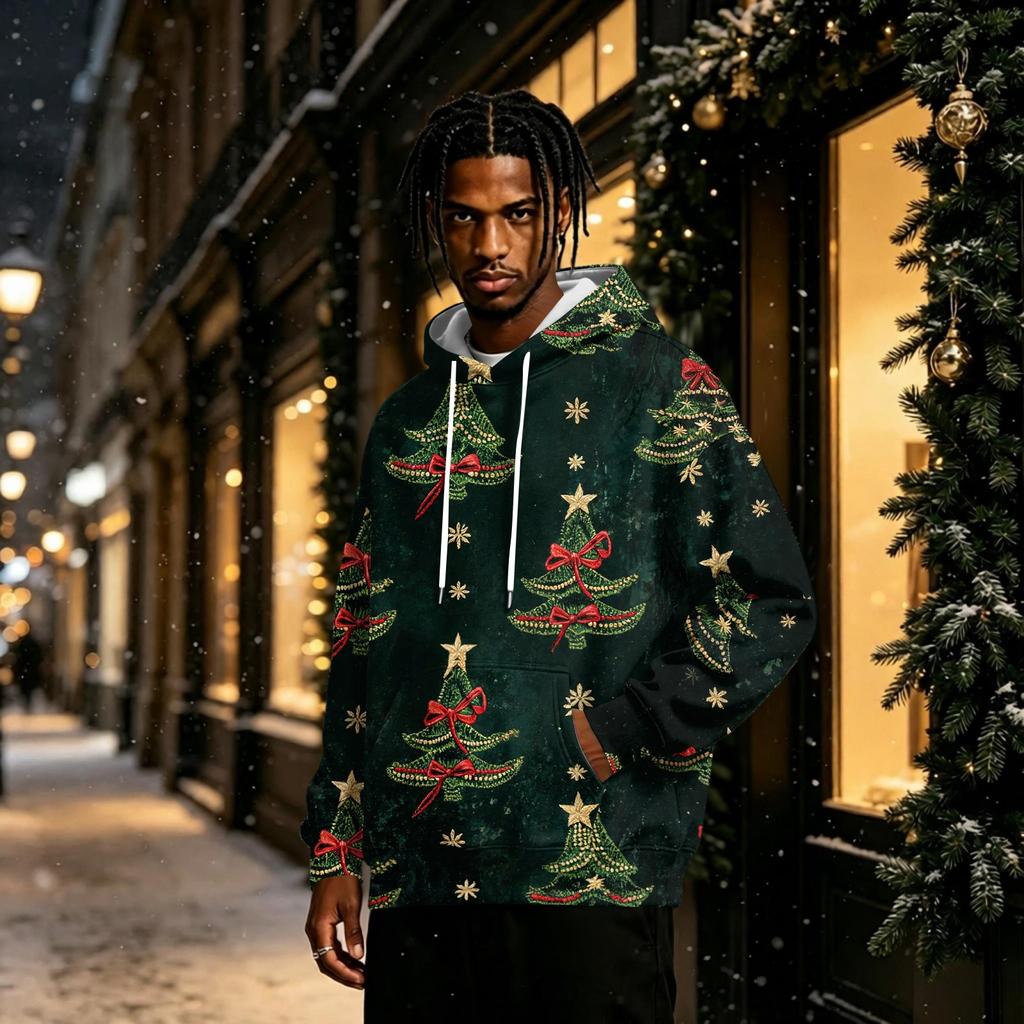 Men's Christmas Print Lined Pullover Hoodie Long Sleeve Sweatshirt