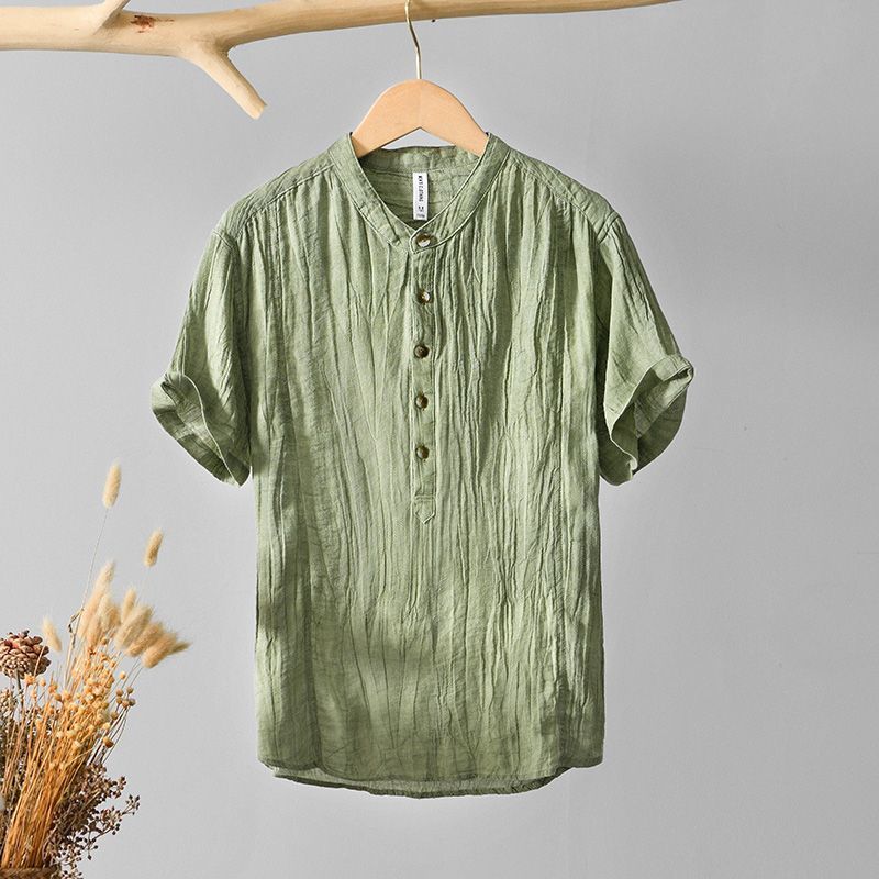 Men's Linen Blend Henley Shirt Short Sleeve Stand Collar Casual Top