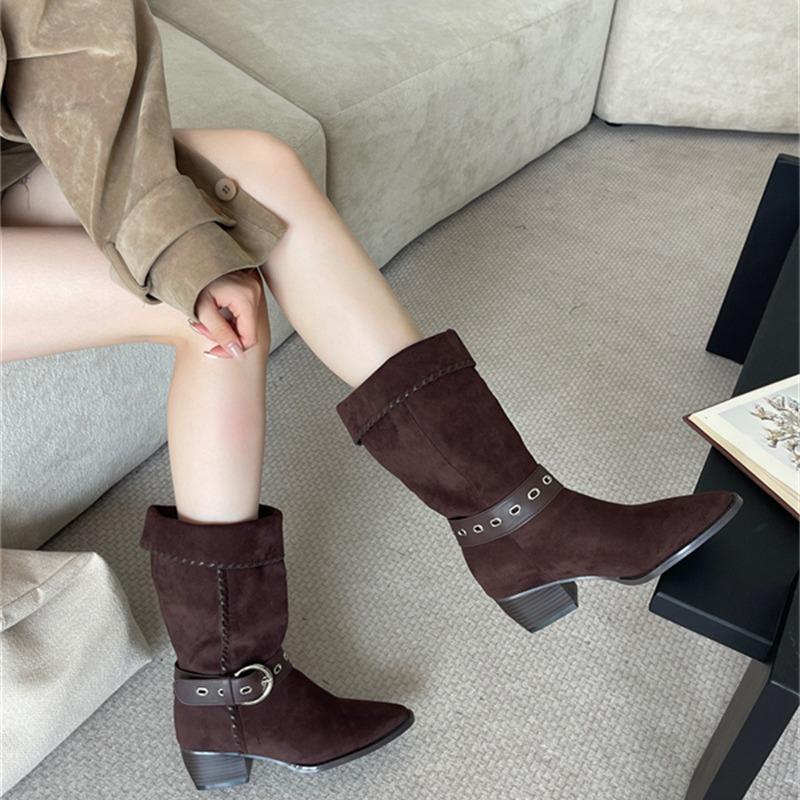 White Deer Same Zhong Chuxi Zhao Ruth Bread Tree Knight Boots Folded Western Pile Boots Long-Term