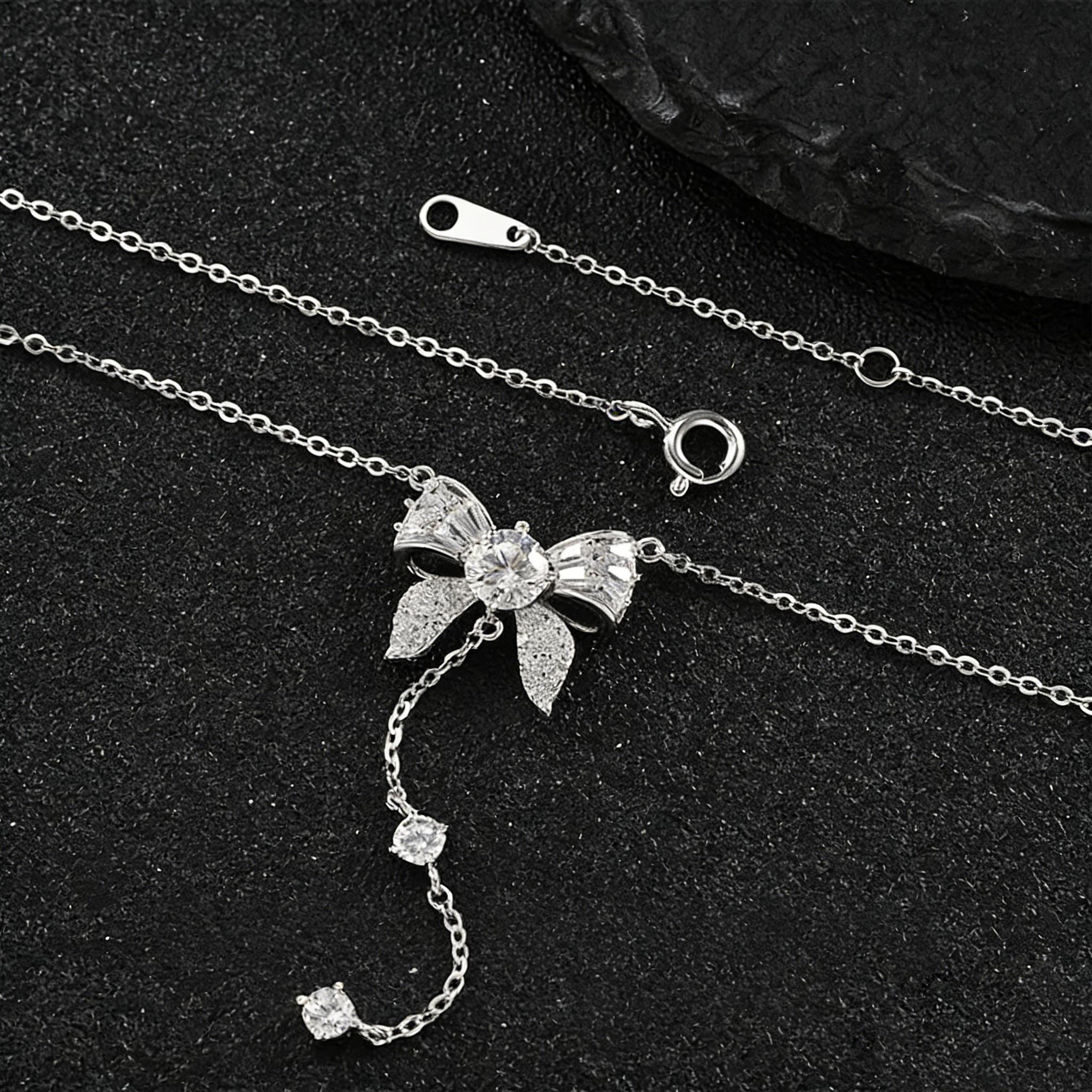 S925 Sterling Silver Bowknot Tassel Pendant Necklace with Moissanite - Women s Party Wedding Anniversary Jewelry 18inches