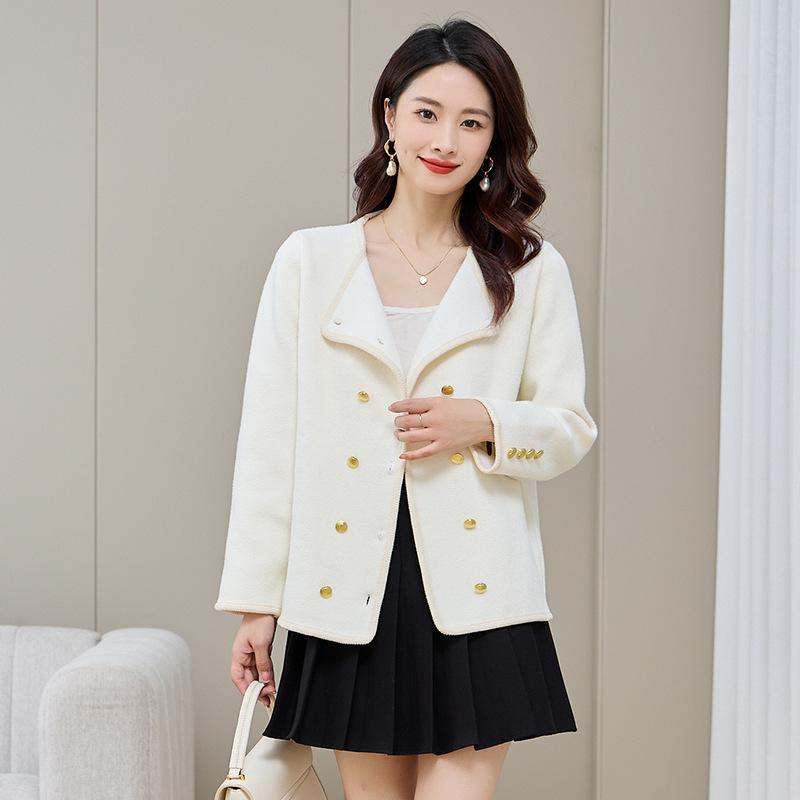 

Женский двусторонний твидовый жакет с круглым вырезом, имитация, новый осенний 2025, модный короткий кардиган на пуговицах, утолщенный шерстяной топ one size fits all белый