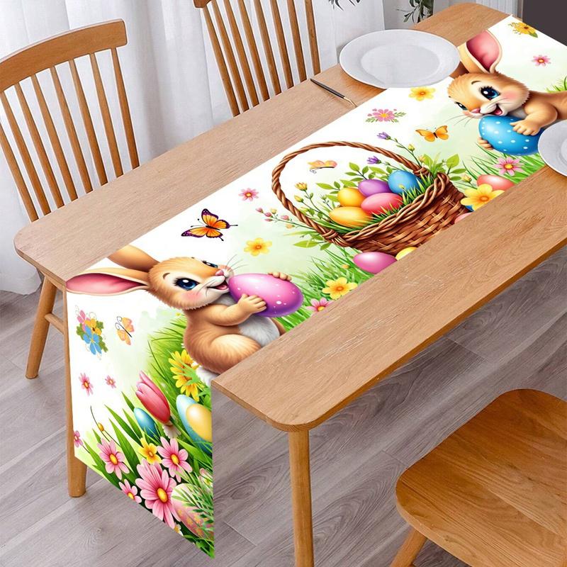 Vintage Easter Bunny Table Runner Polyester Rabbit Eggs Flower Table Flag Easter Decorations For Home Kitchen Dining Table Decor