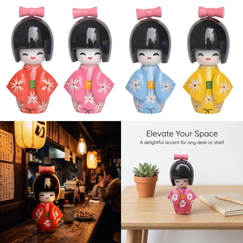 Folk Art Japanese Geisha Doll Wooden Miniature Statue Traditional Oriental Decor for Store Table Dollhouse