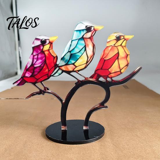 Decorative Accents for Coffee Table Acrylic Birds On Branch Desktop Ornament, Colorful Stained Glass Style Bird Lifelike Hummingbird Sculptures