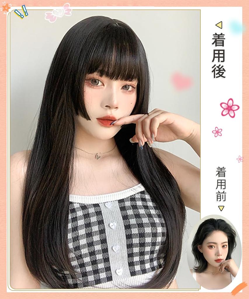 Knnzk Wig Long Black Full Wig Princess Cut Straight Lolita Cosplay Wig Small Face Natural Heat Resistant Harajuku Style with Net (black Hair)...
