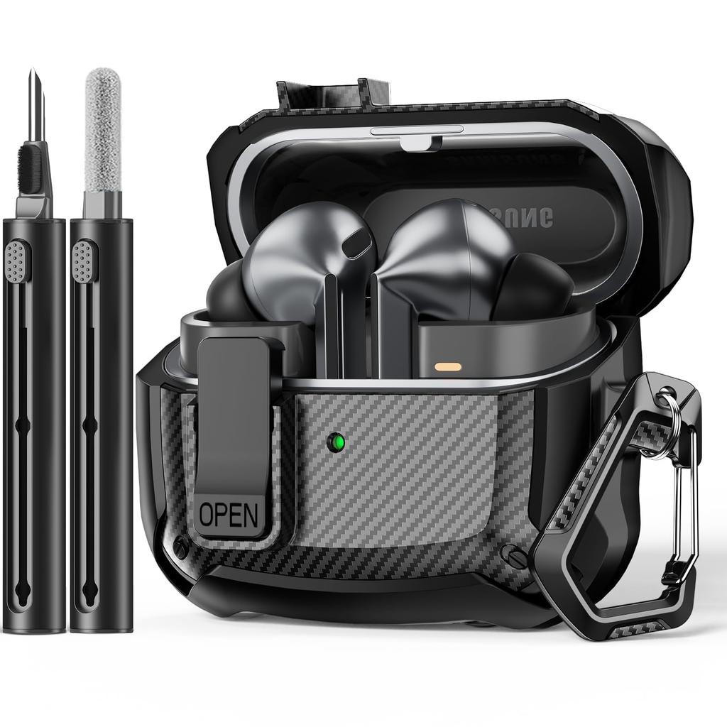 For Samsung Galaxy Buds 3 Pro/Buds 3 Case Cover with Secure Lock Clip Shockproof Protective Case with Carabiner & Cleaning kit