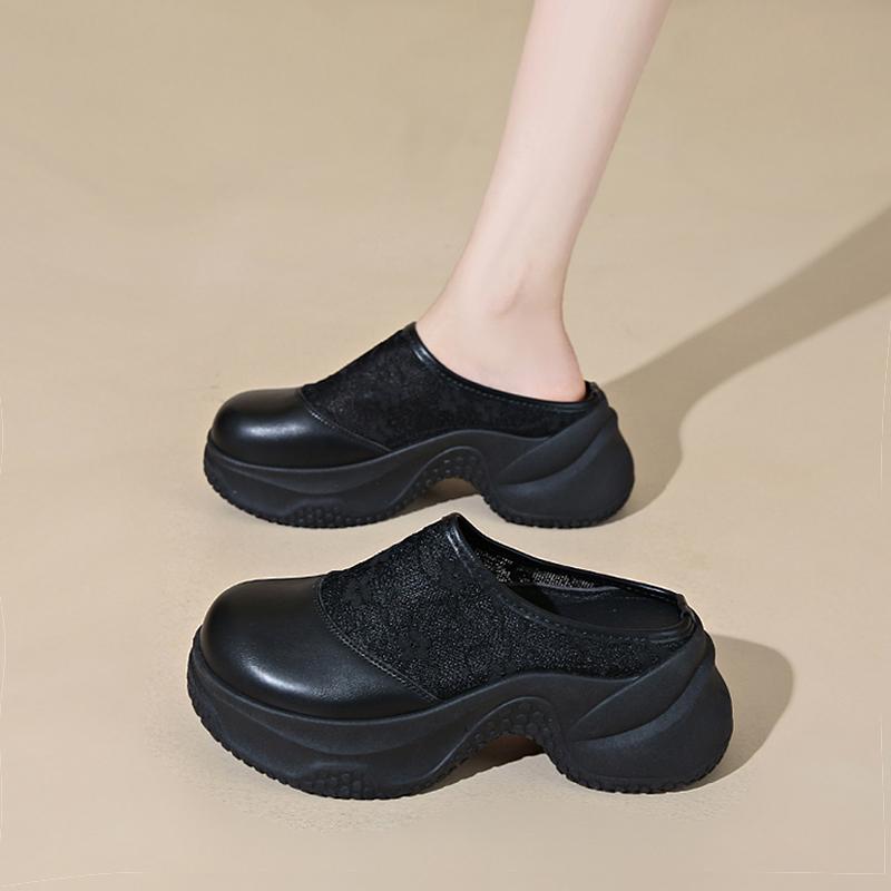 CRLAYDK Mules for Women House Wedge Slip On Slippers Lace Backless Walking Loafers Mesh Height Increase Casual Ladies Slides