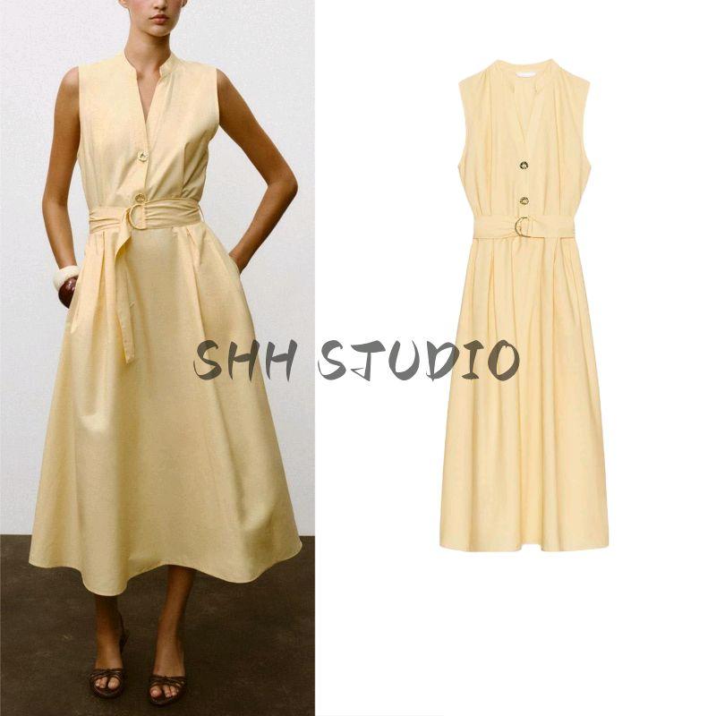 Autumn New Women's Clothing Pleated Decorative Round Neck Sleeveless with Belt Poplin Midi Skirt Dress 5029128