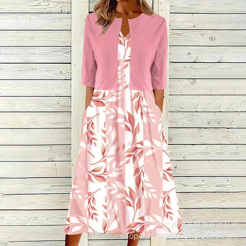High Quality Women Summer Floral Print Two Piece Dress Set Short Sleeve Outfits