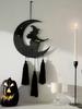 Halloween Witch Wall Hanging Black Crescent Moon & Witch on Broom Design with Tassel Pendant Bedroom Living Room Wall Decor Gift