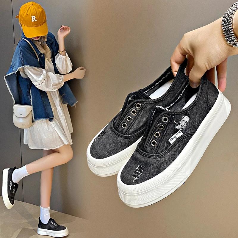 Fashion 2024 New Female Footwear Canvas Off White Women's Shoes High On Platform Slip Original Cotton Comfortable and Elegant Light Shoe
