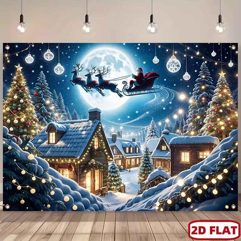 2D Magische Weihnachtsnacht Szene Kulisse, Weihnachtsmann Schlitten & Gemütliches Dorf Fotografie Hintergrund