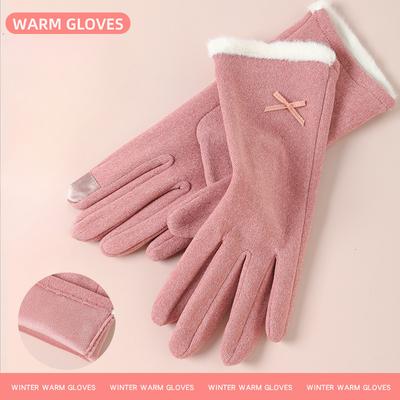 Warm Gloves for Women Rabbit Fleece Cute Bow Thickened Plush Windproof Riding Touch Screen Autumn and Winter Gloves