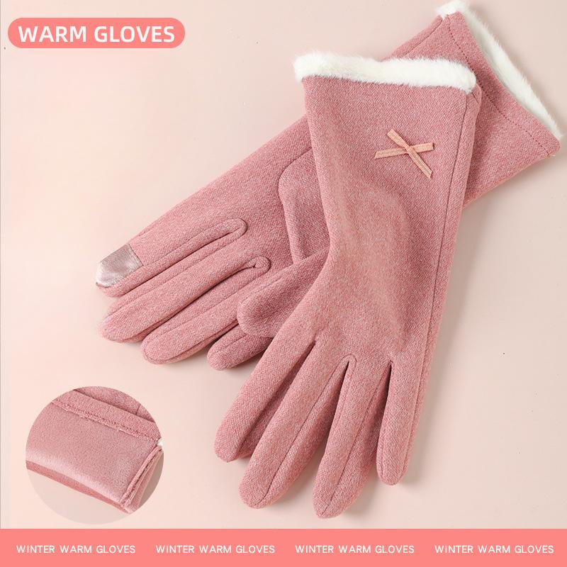 Warm Gloves for Women Rabbit Fleece Cute Bow Thickened Plush Windproof Riding Touch Screen Autumn and Winter Gloves