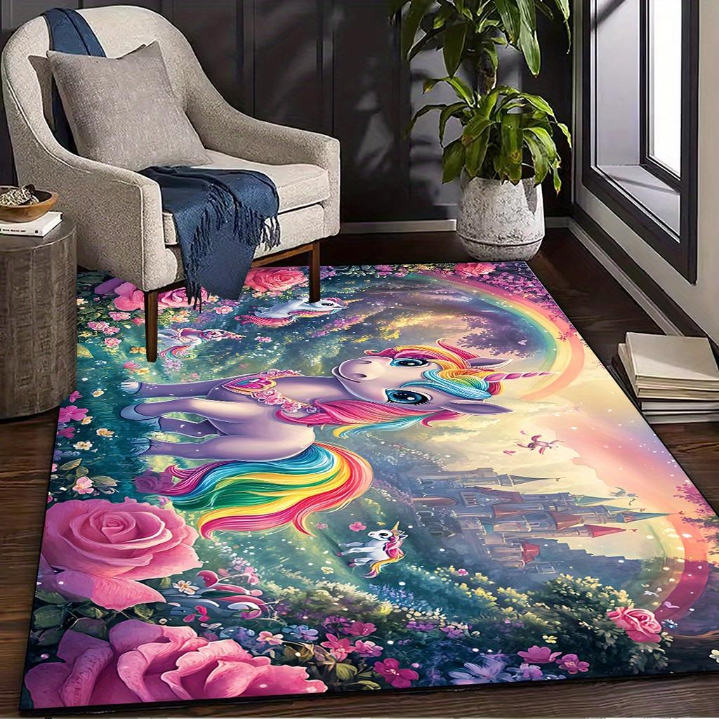 Product 1pc Rainbow Unicorn Pattern Printed Mat,Indoor Area Decorative Mat,Table and Chair Anti-Slip Mat,Outdoor Camping Mat,Non-Slip,Hair-F
