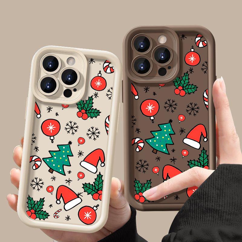Cartoon Merry Christmas Pattern Matte Cover For iPhone 16 Pro Max 15 Plus 14 Pro 13 12 11 XS XR 17 Soft Silicone Len Protection Shockproof Phone Case