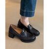 Sheepskin version~ Camellia black high heels platform leather retro loafers women's one-pedal lazy small leather shoes