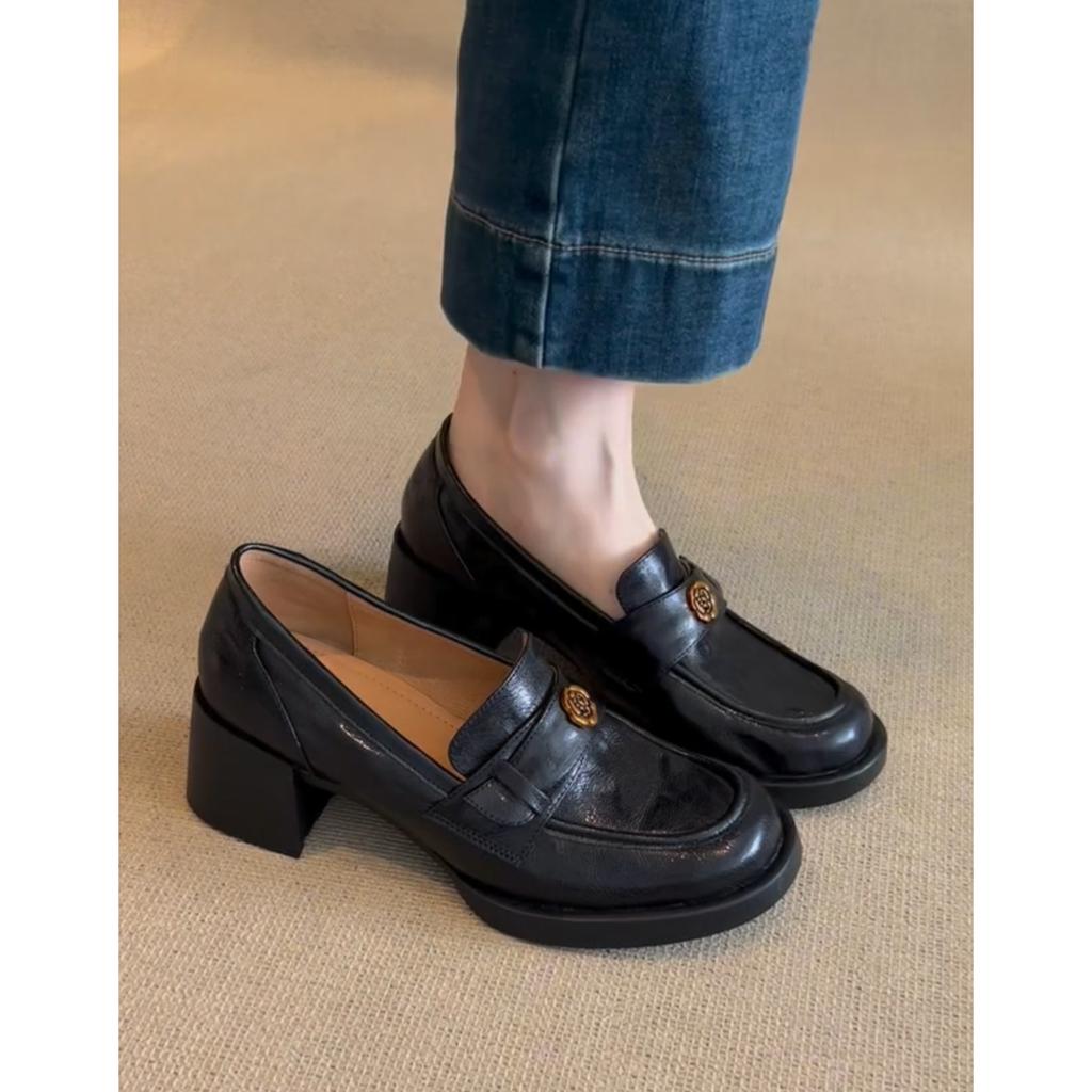 Sheepskin version~ Camellia black high heels platform leather retro loafers women's one-pedal lazy small leather shoes