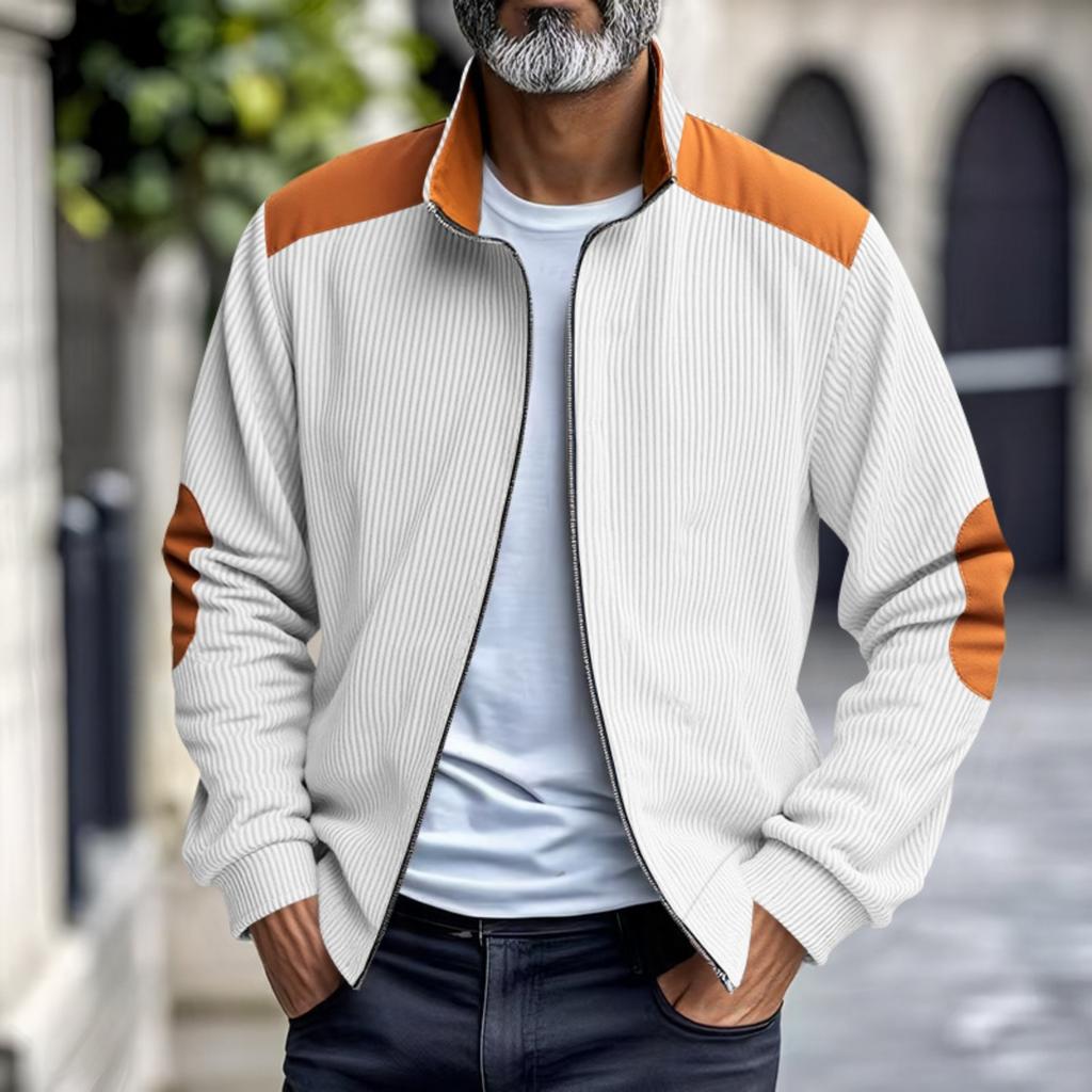 Men's Vintage Corduroy Casual Jacket - Stand Collar Zippered Colorblock Loose-Fit Baseball Jacket
