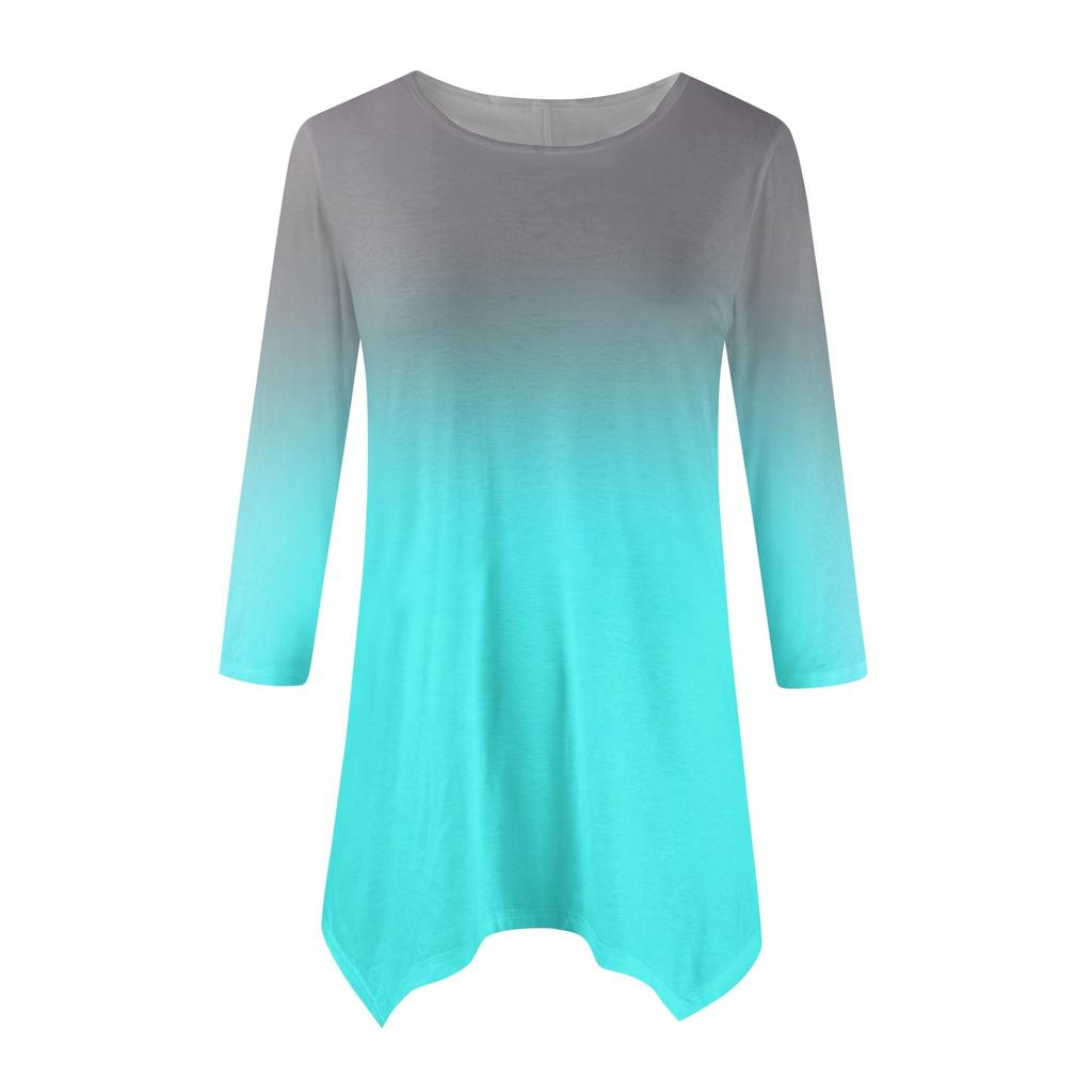 Women's Fashion Casual Crew-neck Gradual Print Seven-point Sleeve Shirt Belted Loose Comfortable Top