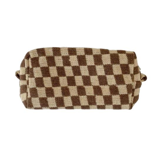 Checkered Makeup Bag for Women Knitted Travel Cosmetic Pouch Portable Plaid Toiletry Organizer with Zipper for