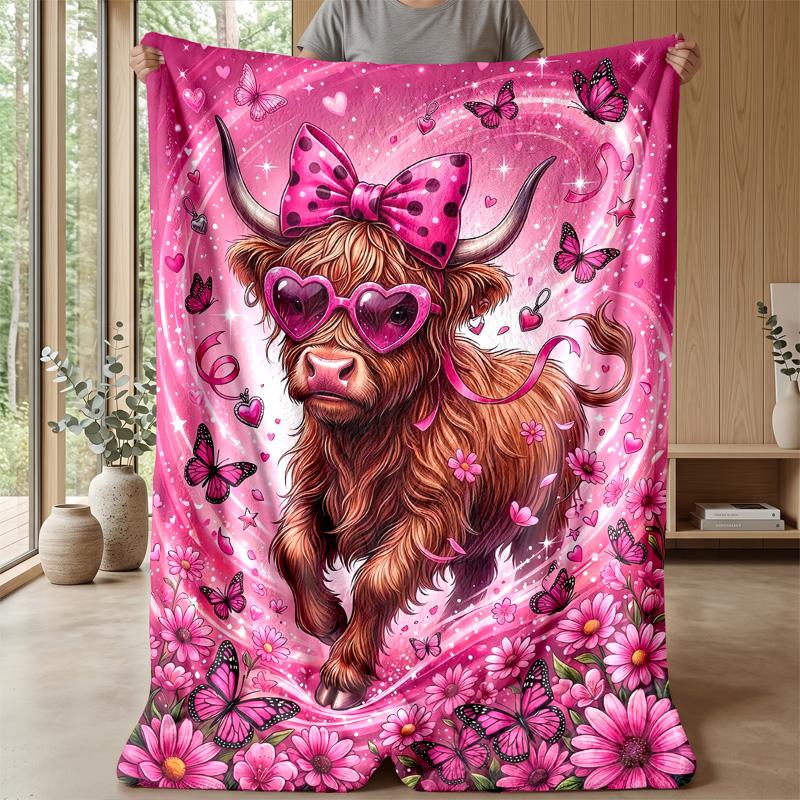 Pink Cow with Strawberry Ice Cream Theme blanket Lightweight Warm Flannel Blanket Decorative Throw Blanket for Home Decoration