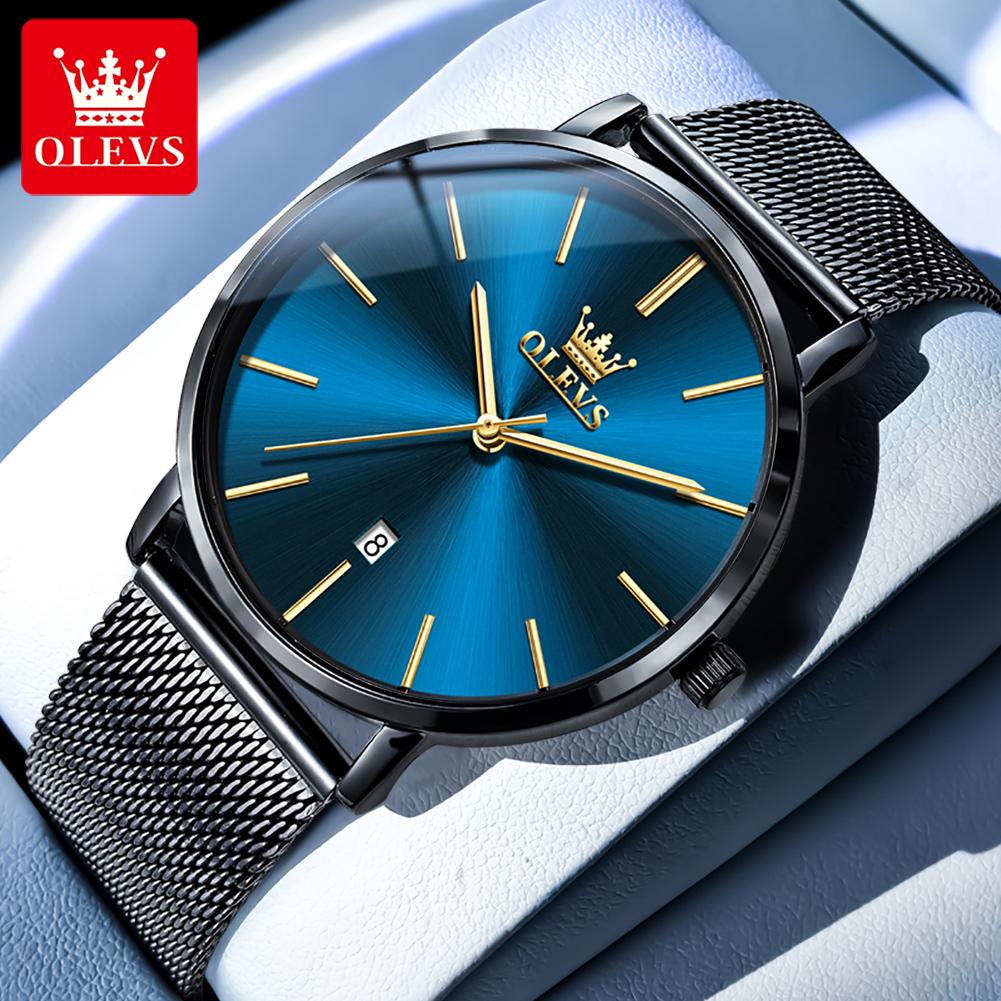 OLEVS Ultra Thin 6.5mm Minimalist Fashion Quartz Watch for Men Mesh Steel Strap Auto Date Waterproof Men Wristwatches