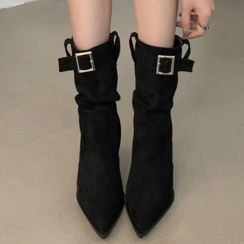 

мода Сексуальные ботильоны на шпильке с острым носком Замшевая женская обувь Зимний тренд 2025 Новые элегантные туфли для платья Модные туфли-лодочки Botas Mujer 35 чёрный