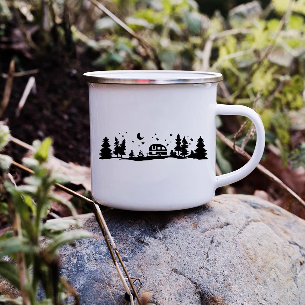 Sunset Forest Creek Creative Enamel Coffee Mugs Outdoor Travel Water Cups Camping Bonfire Party Beer Drink Milk Mug Best Gifts