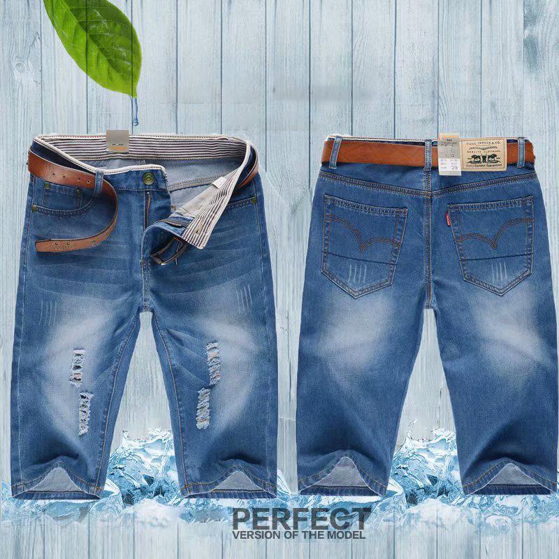 Summer Men's Personalized Washable Perforated Denim Pants Large Casual Middle Pants Straight Leg Slim Fit with Ripped Holes Shorts