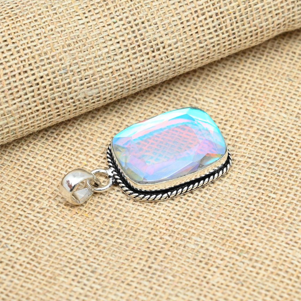 Rainbow Mystic Topaz Gemstone 925 Solid Silver Handmade Lovely Pendant Jewelry