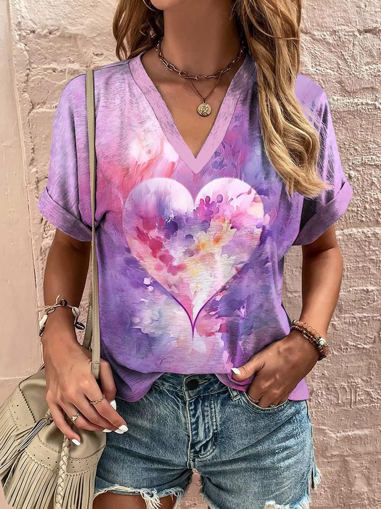 2025 New Summer Women's V-Neck T-Shirt Outdoor Casual Short Sleeve Tops Fashion Love Style Pattern OverSize Women's Clothing