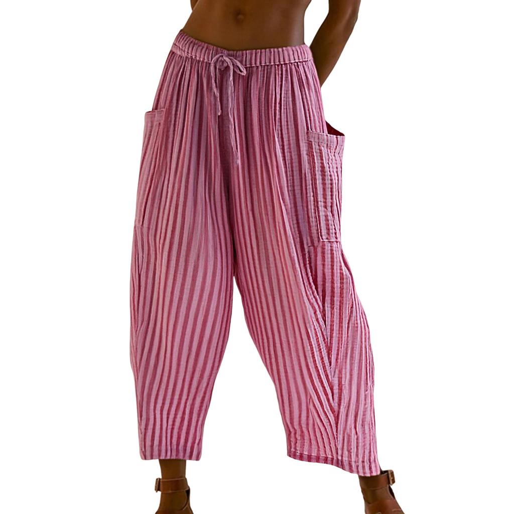 Women's Fashion Striped Straight,Leg Elasticated Waist Cropped Pleated Casual Trousers