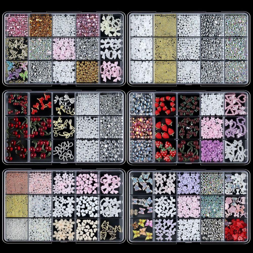 15Grids/Box Resin Nail Rhinestones Mixed Bowknot Pearl Heart Nail Art Decorations  DIY