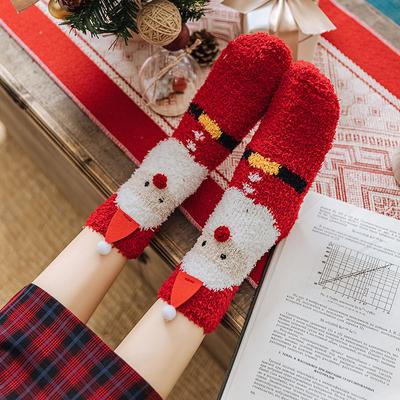 Winter Socken für Damen Verdicken Korallenvlies Weihnachtsstrumpf Lebkuchenmann Schneemann Weihnachtsmann Wadenlange Socken Cartoon Schlaf-Socke