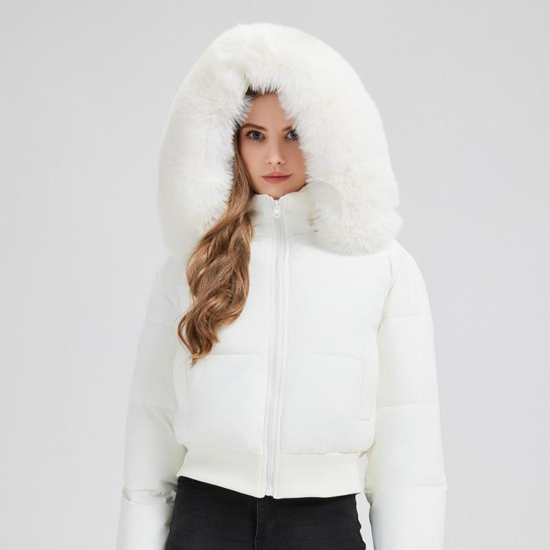 Winter fur collar hooded waist thickened short down cotton clothes for women