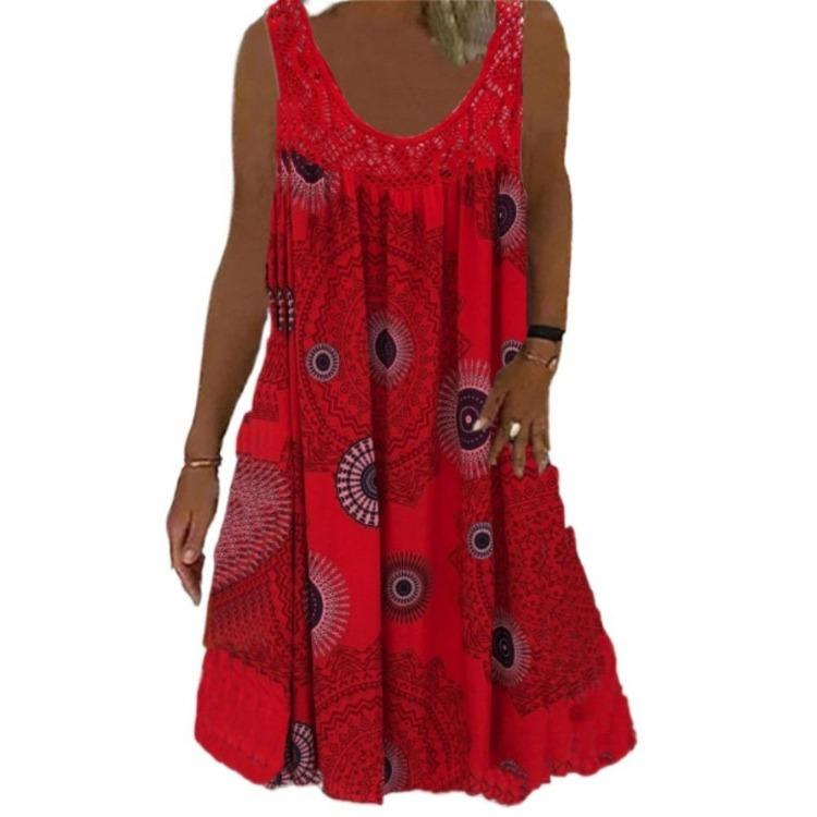 

Summer Spring Women s Casual Sleeveless U-Neck Print Fashion Dresses S красный