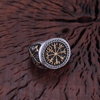 Nordischer Edelstahl Wikinger Kompass Ring Skandinavischer Krieger Waffe Axt Ring Gotisch Punk Hip Hop Nie Verblassender Schmuck