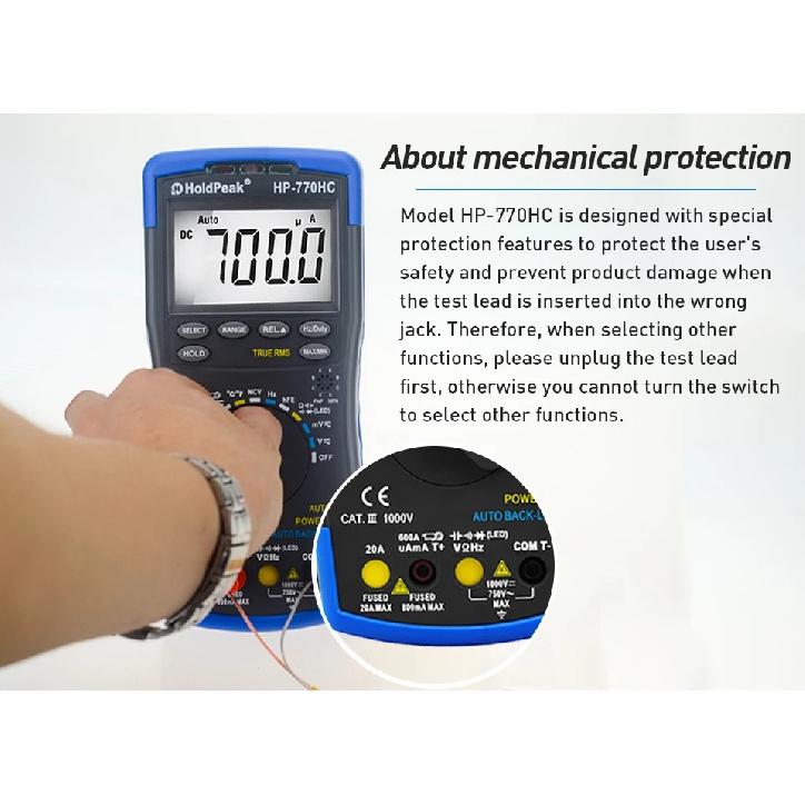 Multimetro HoldPeak HP-770HC True RMS Auto Ranging Digital Multimeter with NCV Feature and Temperature/Frequency/Duty Cycle Test