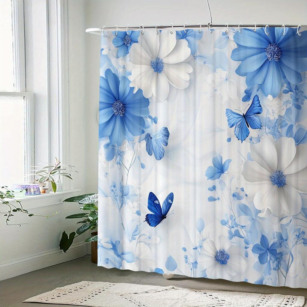 Waterproof Shower Curtain, Blue Butterfly Theme, Graphic Print, Art Inspired, Includes 12 Hooks, Machine Washable, Polyester