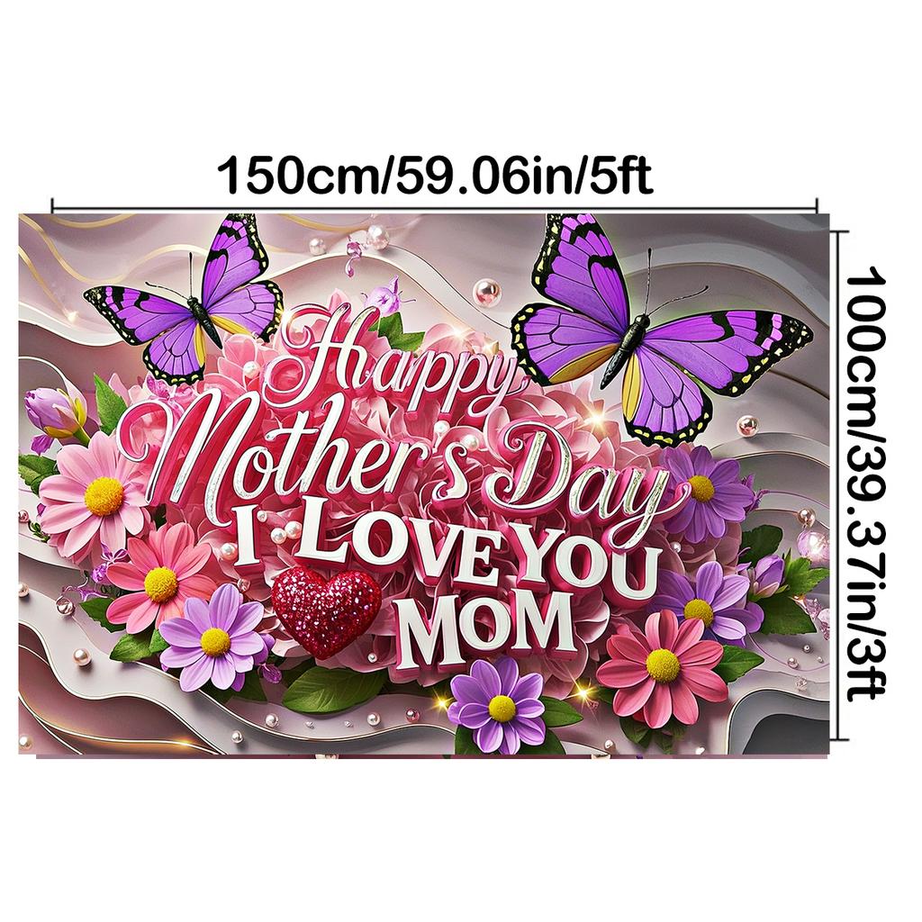 Mother's Day Floral Backdrop with Floral&Butterfly Element Design,Wall Decor,Gift,Festive Wall Covering,Rustic Background
