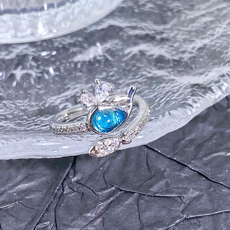 Spring And Summer Sea Blue Enamel Dripping Oil Flower Butterfly Opening Ring High Sense Personality Light Luxury Ring Women