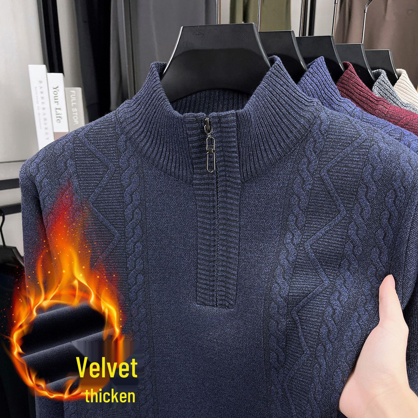 

Men’s Plus Velvet Half-High Collar Zipper Sweater - 2025 Autumn/Winter Knitted Base Layer XL