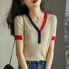 Spring and Summer New Women's Clothing Solid Color V-neck T-shirt Women's Ice Silk Knitted Sweater Loose Short-sleeved Top