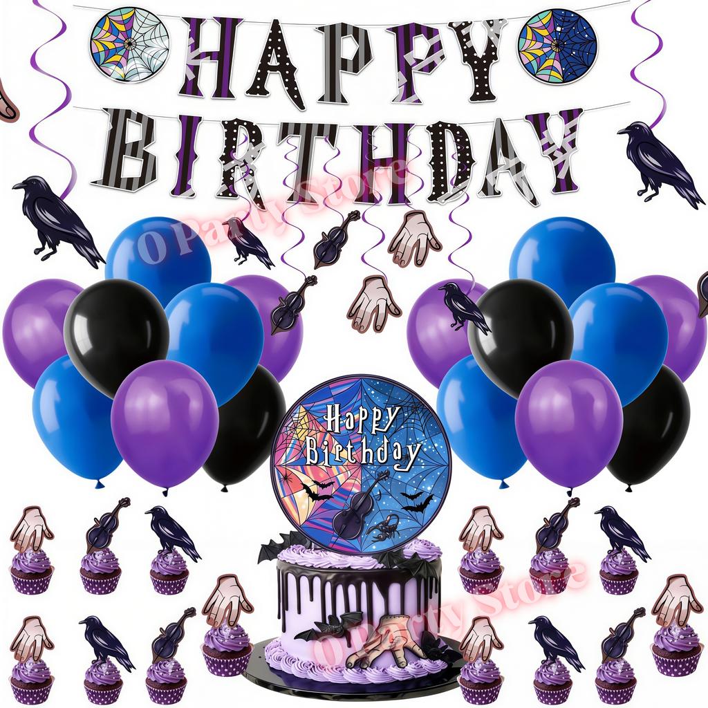 Birthday Party Decorations Supplies Kit Balloons Cups Plates Backdrop Banner Addams Theme Birthday Cake Decor Kids Favor Gifts