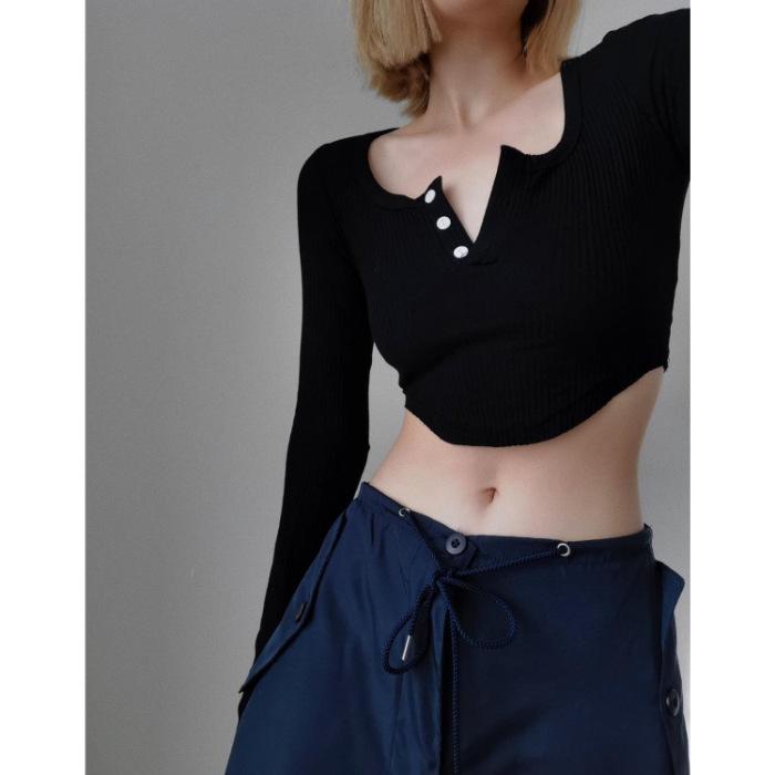 

Retro V-Neck Crop Top: Long-Sleeved Sexy American Jazz Dance Wear S чёрный