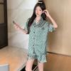 Fashion Elegant Luxury Satin Sleepwear Summer 2 Piece Women Set Short Sleeve Tops and Shorts Pajamas Woman Silk Cartoon Printing Pajama Set