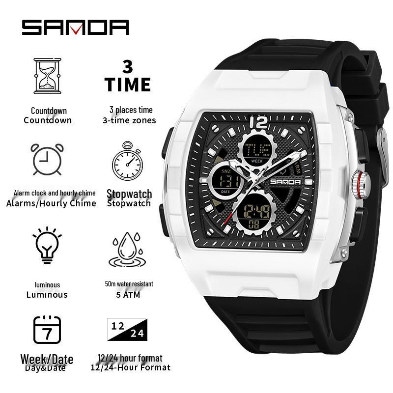 Sanda Sports Barrel Wristwatch: Dual Display, Youth Waterproof, Luminous Timer, Multifunctional Electronic Watch.
